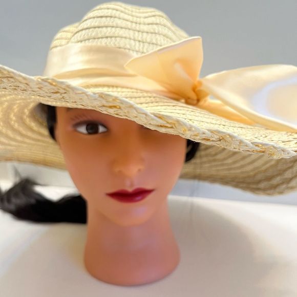 Floppy Straw Sun Hat 5” w/ Silk Bow - Beige - Picture 8 of 8